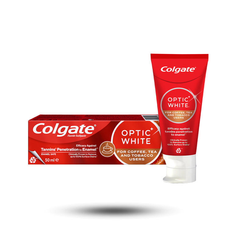 خمیردندان Colgate Optic White حجم ۵۰ میلیلیتر، مناسب کمک به کاهش لکههای سطحی ناشی از چای، قهوه و سیگار و کمک به حفظ سفیدی دندانها.